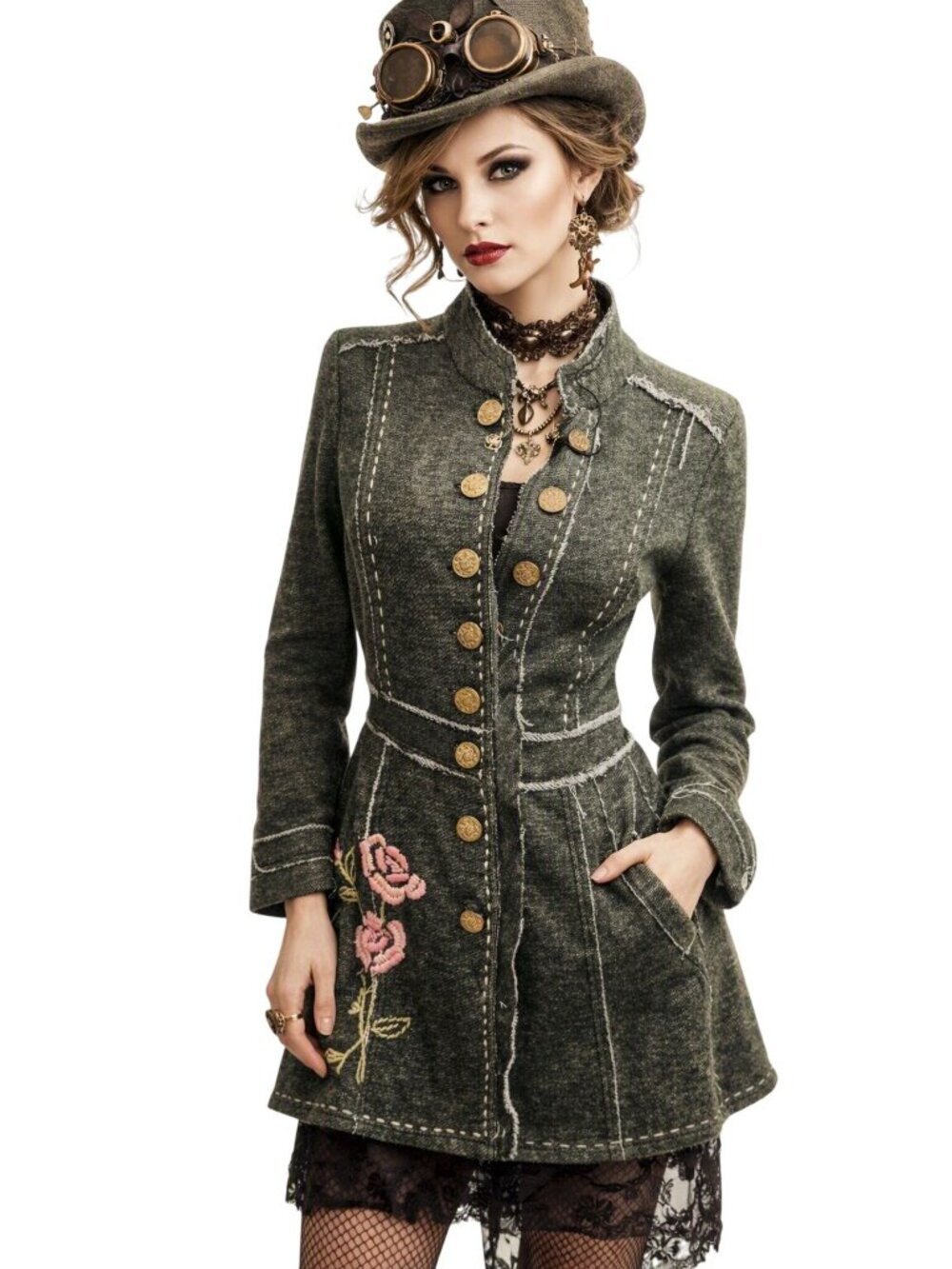 Marese Steampunk Embroider Floral Military Coat Jacket M Grey Rose Floral Cotton